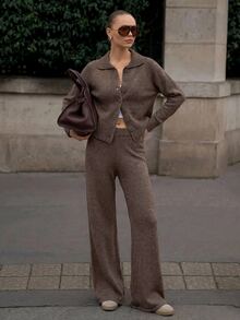 SHEIN Women Polo Neck Button Front Sweater Cardigan And Flare Sweater Pant 2pcs Set Co-Ords - Brown - View 11