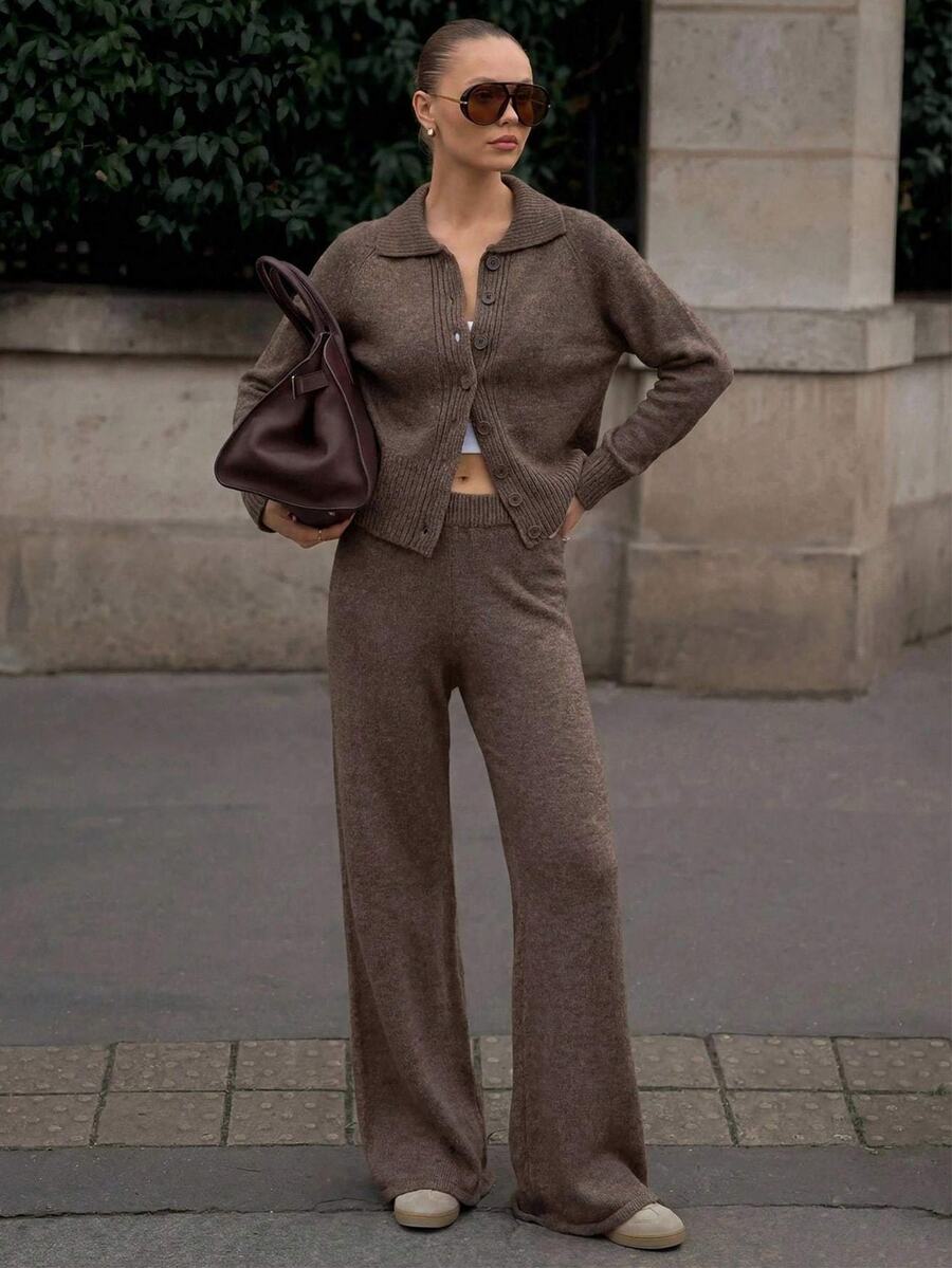 SHEIN Women Polo Neck Button Front Sweater Cardigan And Flare Sweater Pant 2pcs Set Co-Ords