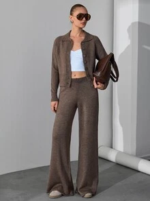 SHEIN Women Polo Neck Button Front Sweater Cardigan And Flare Sweater Pant 2pcs Set Co-Ords - Brown - View 9