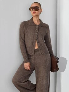 SHEIN Women Polo Neck Button Front Sweater Cardigan And Flare Sweater Pant 2pcs Set Co-Ords - Brown - View 10
