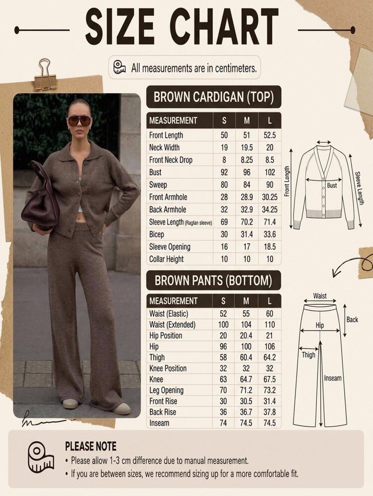 SHEIN Women Polo Neck Button Front Sweater Cardigan And Flare Sweater Pant 2pcs Set Co-Ords - Brown - View 5