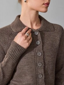 SHEIN Women Polo Neck Button Front Sweater Cardigan And Flare Sweater Pant 2pcs Set Co-Ords - Brown - View 12