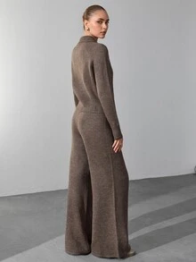 SHEIN Women Polo Neck Button Front Sweater Cardigan And Flare Sweater Pant 2pcs Set Co-Ords - Brown - View 4