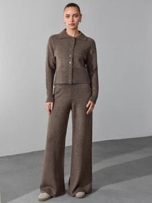 SHEIN Women Polo Neck Button Front Sweater Cardigan And Flare Sweater Pant 2pcs Set Co-Ords - Brown - View 5