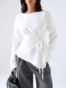 LYSMO 2026新款極簡風女款純色船領長袖側結休閒優雅T恤 辦公通勤 白色 秋季休閒 - 白色 - 查看 5