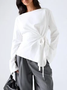 LYSMO 2026新款極簡風女款純色船領長袖側結休閒優雅T恤 辦公通勤 白色 秋季休閒 - 白色 - 查看 4