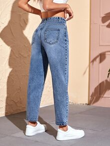 SHEIN PETITE High Waist Mom Fit Jeans ,Petite Women - Medium Wash - View 2