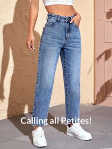 SHEIN PETITE High Waist Mom Fit Jeans ,Petite Women - Medium Wash - View 6