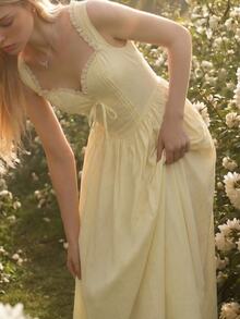 Sweetina Fitted Sweetheart Neck Lace Trim Dress - Yellow - View 4