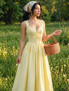 Sweetina Fitted Sweetheart Neck Lace Trim Dress - Yellow - View 3