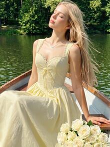 Sweetina Fitted Sweetheart Neck Lace Trim Dress - Yellow - View 5