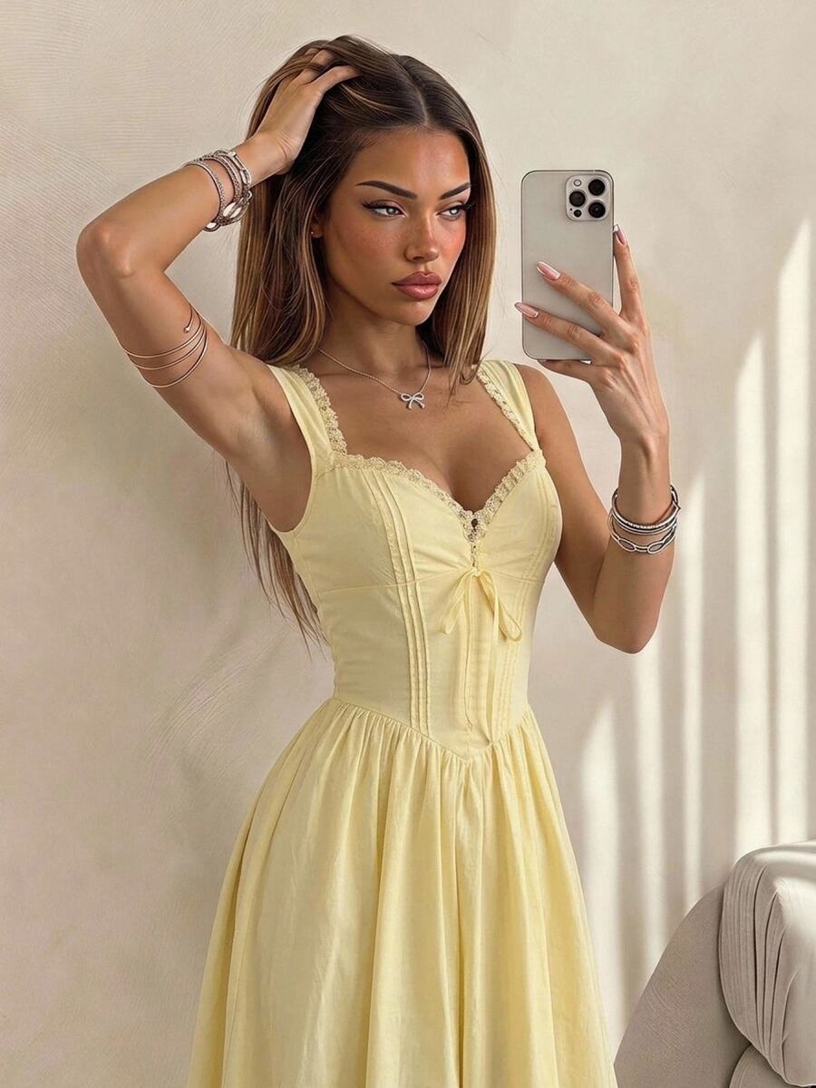 Sweetina Fitted Sweetheart Neck Lace Trim Dress - Yellow - View 1