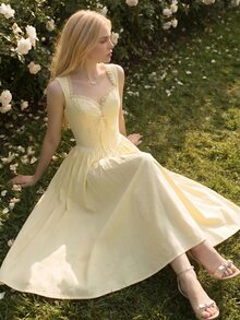 Sweetina Fitted Sweetheart Neck Lace Trim Dress - Yellow - View 6