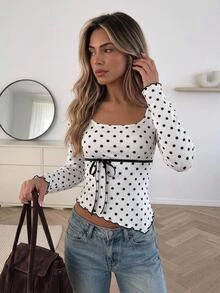 Serisse Women's Polka Dot Print Square Neck Bow Tie Front Lettuce Trim Long Sleeve Slim Fit Tee, Cute Going Out Tops For Women, Fall Casual Daily - Black and White - View 3