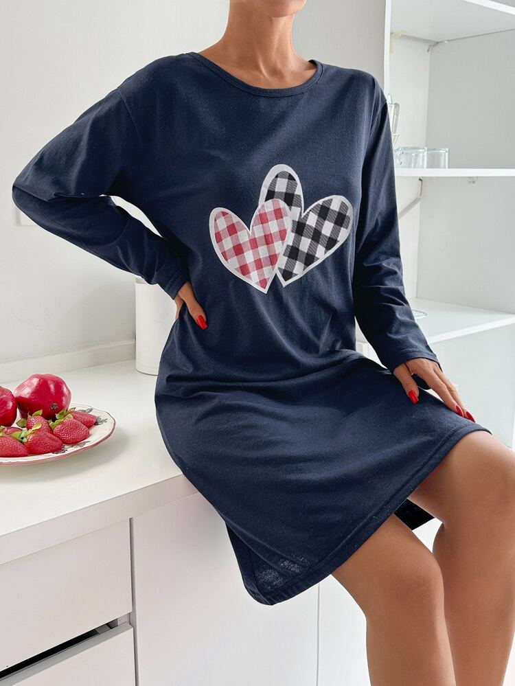 SHEIN Cottnline PLUS SIZE Cotton Women Navy Blue Round Neck Long Sleeved Heart Printed Comfort Casual Sleepshirt Night Summer - Navy Blue - View 7