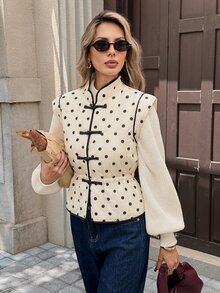 Serisse Women Polka Dot Quilted Vest Sleeveless Chinese Style Mandarin Collar Frog Button Padded Coat Cinched Waist Fall/Winter Clothes For Casual Versatile - Multicolor - View 5