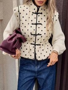 Serisse Women Polka Dot Quilted Vest Sleeveless Chinese Style Mandarin Collar Frog Button Padded Coat Cinched Waist Fall/Winter Clothes For Casual Versatile - Multicolor - View 8