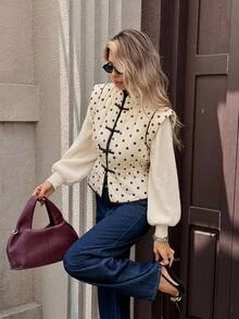 Serisse Women Polka Dot Quilted Vest Sleeveless Chinese Style Mandarin Collar Frog Button Padded Coat Cinched Waist Fall/Winter Clothes For Casual Versatile - Multicolor - View 7