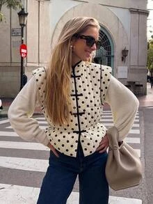 Serisse Women Polka Dot Quilted Vest Sleeveless Chinese Style Mandarin Collar Frog Button Padded Coat Cinched Waist Fall/Winter Clothes For Casual Versatile - Multicolor - View 1