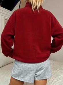SHEIN EZwear 休閒極簡風紅色女款寬鬆半拉鍊高領抓絨運動衫，適合秋冬穿著 - 紅色 - 查看 2