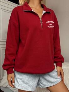 SHEIN EZwear 休閒極簡風紅色女款寬鬆半拉鍊高領抓絨運動衫，適合秋冬穿著 - 紅色 - 查看 5