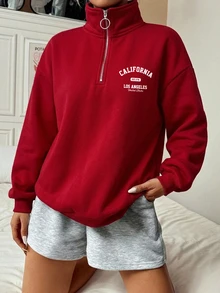 SHEIN EZwear 休閒極簡風紅色女款寬鬆半拉鍊高領抓絨運動衫，適合秋冬穿著 - 紅色 - 查看 4