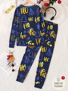 青少年男孩秋冬睡衣 2件組 聖誕緊身款長袖印花全滿版長褲 - 彩色 - 查看 2