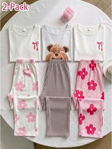 Teen Girl Bear Cartoon Print Long Sleeve Top & Striped Long Pants Pajama Set Autumn And Winter - Grey - View 12