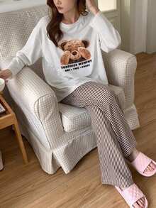 Teen Girl Bear Cartoon Print Long Sleeve Top & Striped Long Pants Pajama Set Autumn And Winter - Grey - View 3