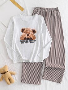 Teen Girl Bear Cartoon Print Long Sleeve Top & Striped Long Pants Pajama Set Autumn And Winter - Grey - View 5