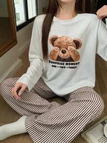 Teen Girl Bear Cartoon Print Long Sleeve Top & Striped Long Pants Pajama Set Autumn And Winter - Grey - View 1