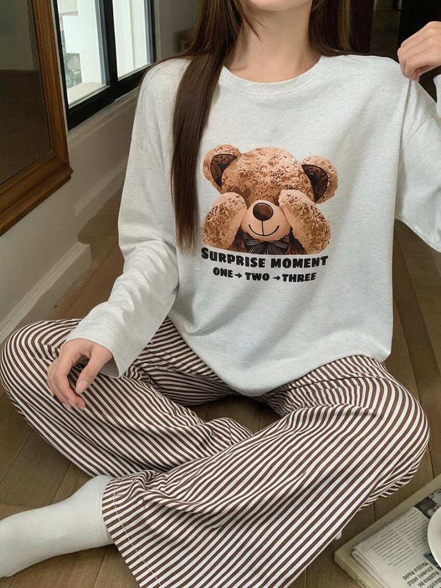 Teen Girl Bear Cartoon Print Long Sleeve Top & Striped Long Pants Pajama Set Autumn And Winter - Grey - View 1