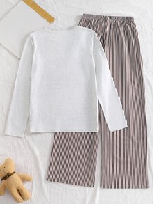 Teen Girl Bear Cartoon Print Long Sleeve Top & Striped Long Pants Pajama Set Autumn And Winter - Grey - View 2