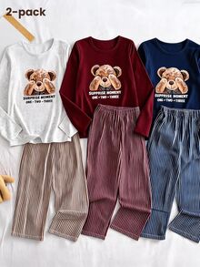Teen Girl Bear Cartoon Print Long Sleeve Top & Striped Long Pants Pajama Set Autumn And Winter - Grey - View 11