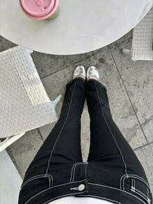 Dazy Kids Girls' (Big) Contrast Color Flare Casual Autumn/Winter Black Solid Color All-Match Versatile Denim Jeans - Black - View 1