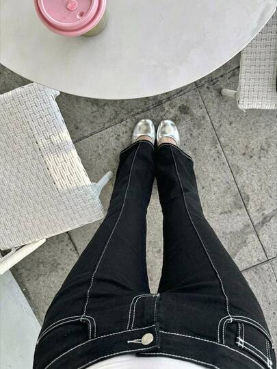 Dazy Kids Girls' (Big) Contrast Color Flare Casual Autumn/Winter Black Solid Color All-Match Versatile Denim Jeans