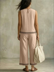 Linhara CURVE Plus Size Women's Casual Tank Top & Capri Pants Contrast Color Set - Khaki - View 2