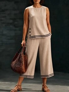 Linhara CURVE Plus Size Women's Casual Tank Top & Capri Pants Contrast Color Set - Khaki - View 4