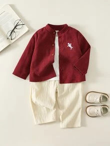 SHEIN 2pcs Baby Boy Red Stand Collar Shirt And Casual Long Pants Set, Shirt Set, Red Set, Formal Set, Christmas Set - Multicolor - View 6
