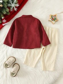 SHEIN 2pcs Baby Boy Red Stand Collar Shirt And Casual Long Pants Set, Shirt Set, Red Set, Formal Set, Christmas Set - Multicolor - View 2