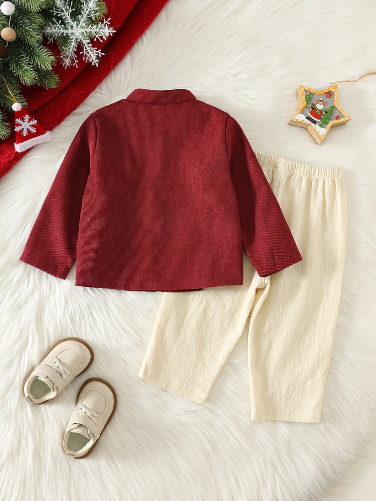 SHEIN 2pcs Baby Boy Red Stand Collar Shirt And Casual Long Pants Set, Shirt Set, Red Set, Formal Set, Christmas Set - Multicolor - View 2
