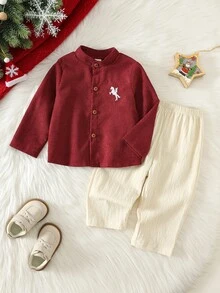 SHEIN 2pcs Baby Boy Red Stand Collar Shirt And Casual Long Pants Set, Shirt Set, Red Set, Formal Set, Christmas Set - Multicolor - View 3