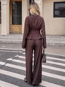 Serisse 女款純色時尚極簡長襯衫與長褲兩件套，秋冬優雅正式奢華商務簡約聖誕款 - 棕色 - 查看 2