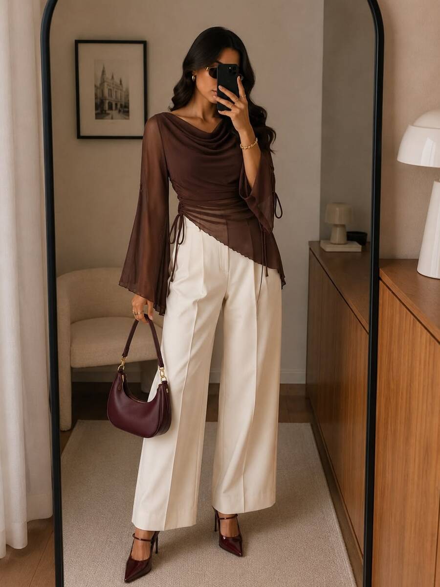 SHEIN Frenchy Women's Chocolate Brown Sheer Mesh Long Sleeve Top Cowl ...