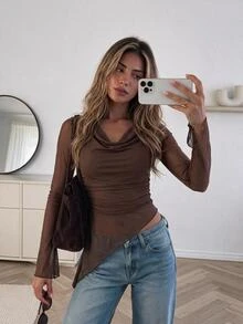 SHEIN Frenchy Women's Chocolate Brown Sheer Mesh Long Sleeve Top Cowl ...