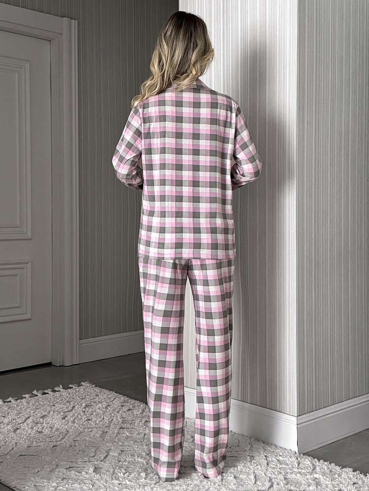 SHEIN White And Pink Plaid Print Button Front Long Sleeve Lapel Collar Shirt Pants Pajama Set Sleep Home Autumn Casual - Multicolor - View 2
