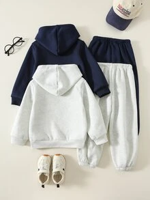 SHEIN 4件組小男孩秋冬款口號卡通笑臉印花連帽衛衣休閒運動套裝，含長褲 - 彩色 - 查看 2