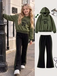 SHEIN Tween Girls Long Sleeve Fall Outfits Double Layer Knit Hooded Sweatshirt Vintage Letter Print Top And Cozy Fleece Flared Sweatpants Streetwear Fall... - Army Green - View 9