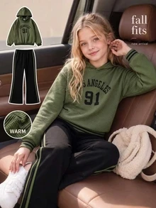 SHEIN Tween Girls Long Sleeve Fall Outfits Double Layer Knit Hooded Sweatshirt Vintage Letter Print Top And Cozy Fleece Flared Sweatpants Streetwear Fall... - Army Green - View 4