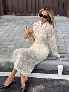 Serisse Women's Solid Lace Mandarin Collar Frog Button Long Sleeve Top & Bodycon Skirt Set Elegant New Chinese Style Outfits For Wedding Guest Work - Apricot - View 1